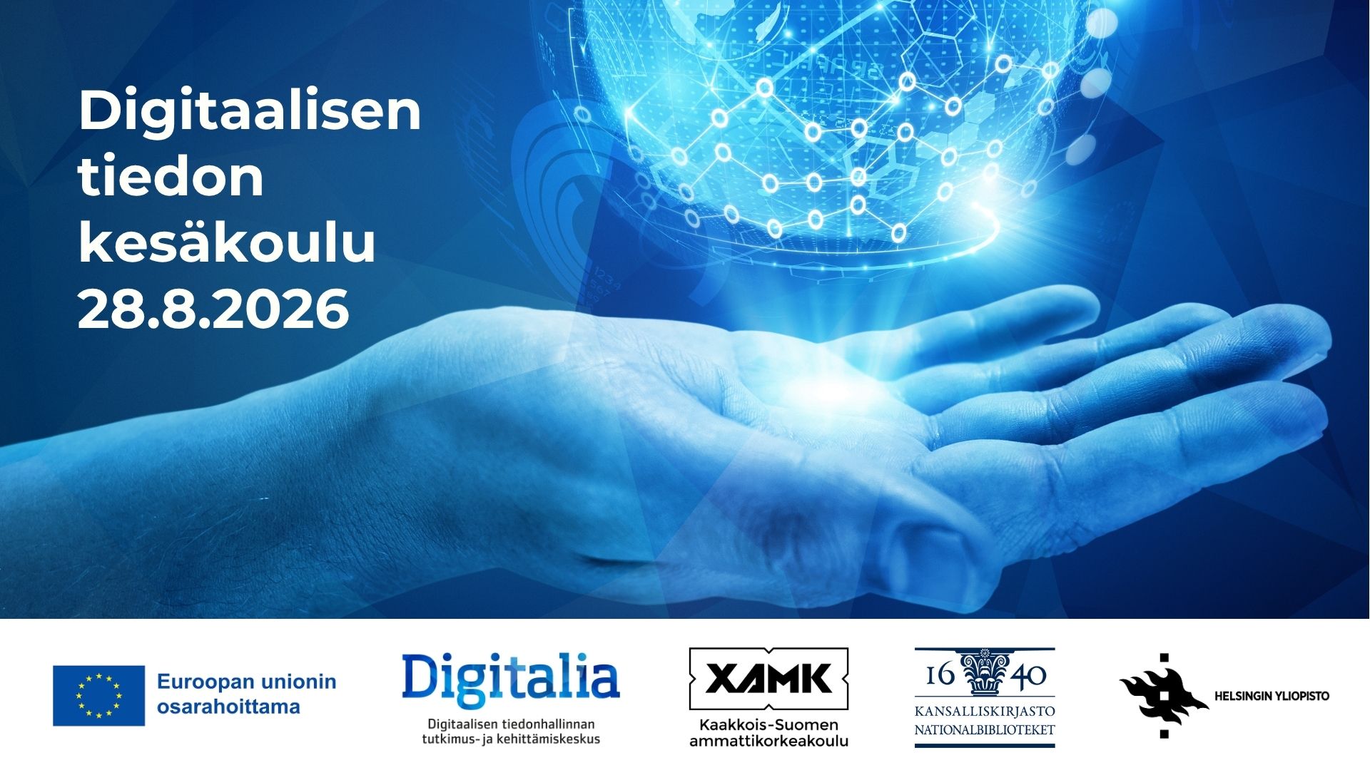 Digitaalisen tiedon kesäkoulun mainoskuva mukana olevien organisaatioiden logolla